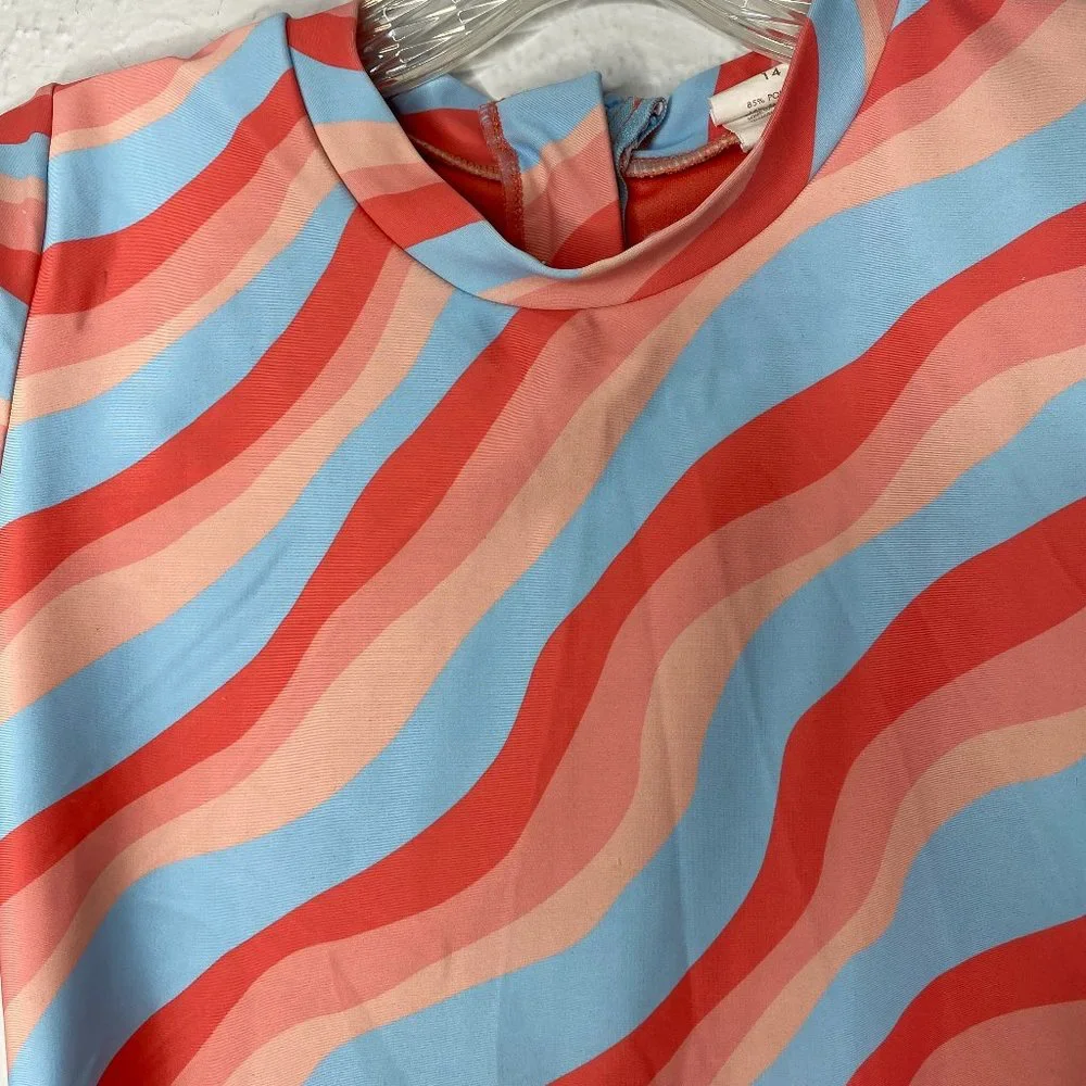 Feather 4 Arrow, girl's size 14, long sleeved one piece surf suit in blue/coral. - Picture 7 of 8